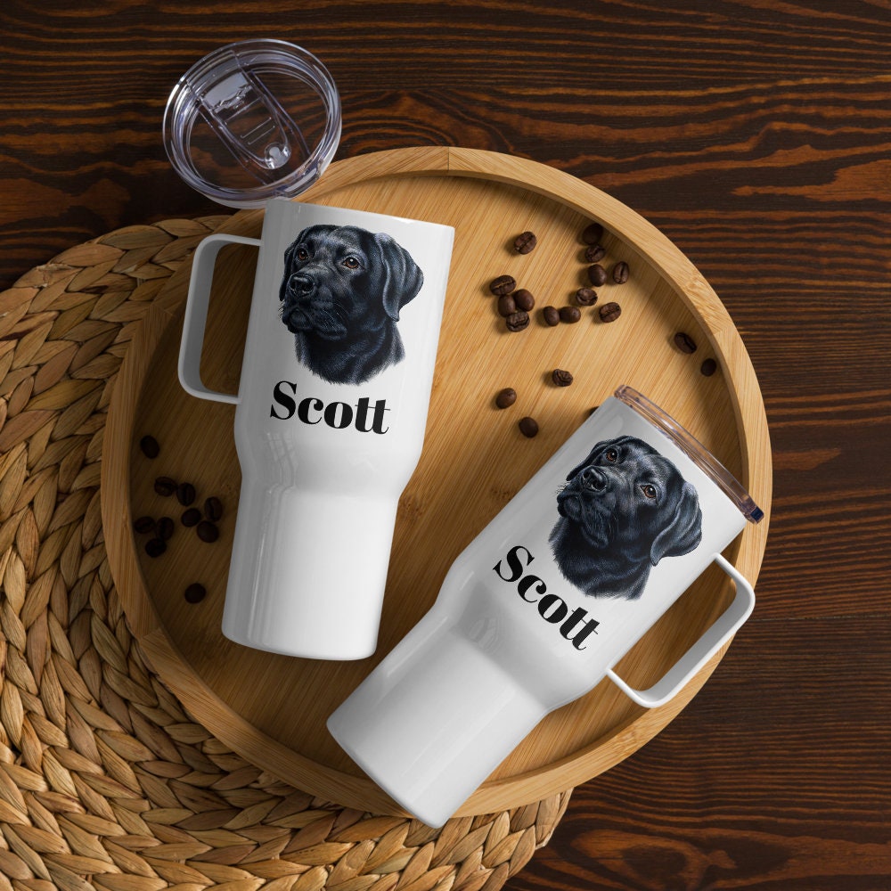 Custom Black Lab Retriever Dog Travel Mug Tumbler with Handle, Stainless Steel BPA-free plastic Cup, 25 Ounce Mug, Dad Dog Lover Gift