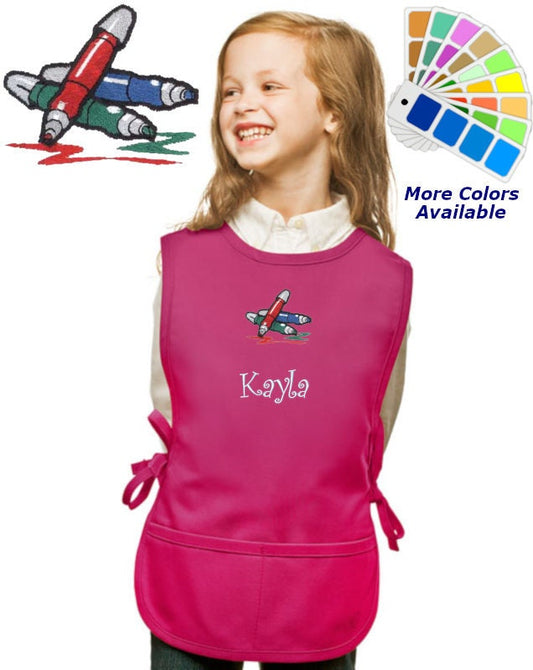 Personalized Kids Art Smock Cobbler Apron with Markers Embroidery Design, Art Class Smock, Custom Smock, Student Gift, School Smock