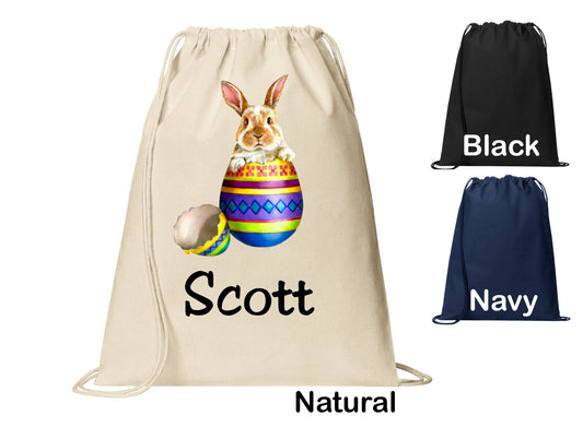 Personalized Easter Egg Bunny Cinch Pack, Drawstring Gym School PE Pool Backpack, Printed Monogrammed Custom Name, Perfect Gift
