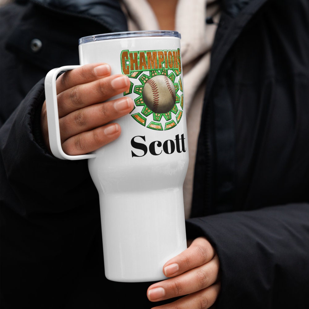 Custom Baseball Champions Tumbler with Handle, Stainless Steel Travel Mug BPA-free plastic Cup, 25 Ounce Mug, Sports Gift, Dad Gift