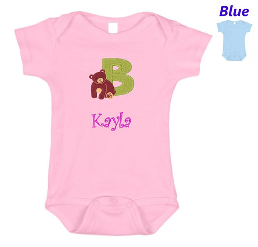 Personalized Baby Onesie Pink Blue Embroidered Letter B Bear Newborn One Piece Body Suit Baby Shower Gift Monogrammed with Your Baby's Name
