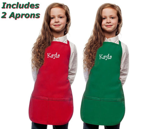 Personalized Kids Christmas Apron, Kids Twin Aprons, Red and Green, Holiday Aprons, Perfect Twin Gift,