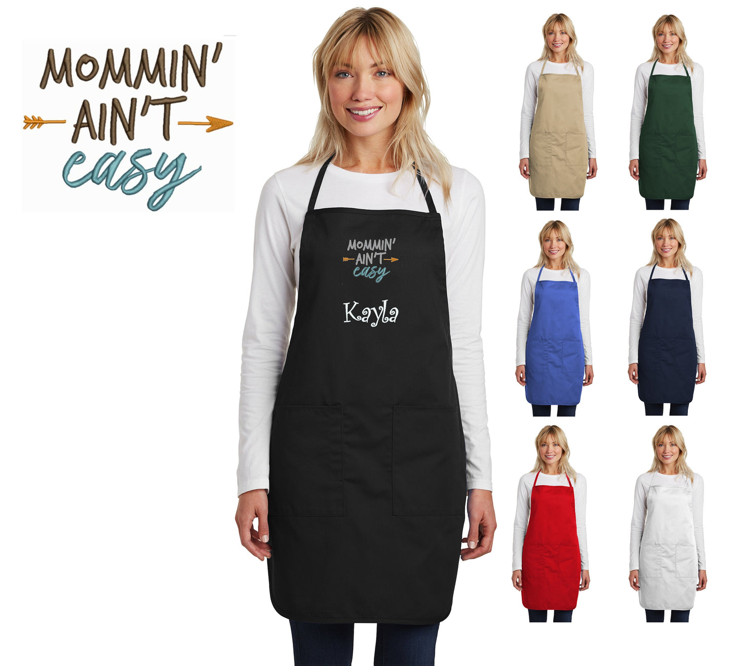 Personalized Mom Apron, Mommin aint easy, Embroidered Moms Name, Mothers Day Gift, Kitchen Gift, Monogrammed Mom Cooking Gift, Funny Apron