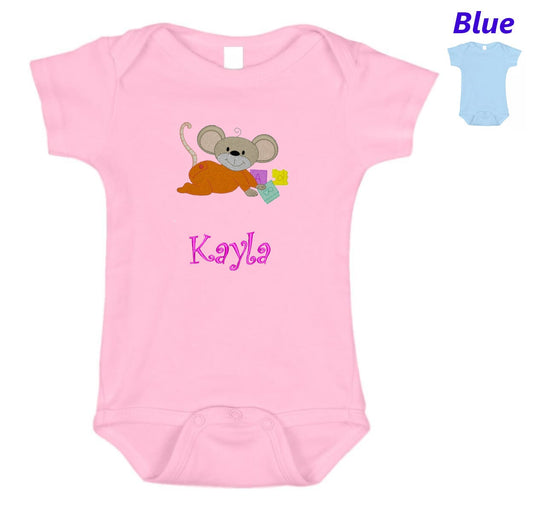 Personalized Baby Onesie Pink Blue Embroidered Baby Mouse Newborn One Piece Body Suit Baby Shower Gift Monogrammed with Your Baby's Name