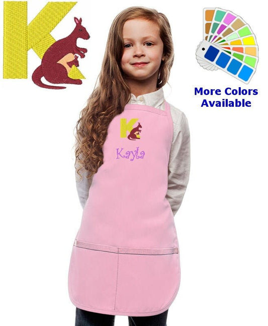 Personalized Kids Apron with Animal Alphabet Letter K Kangaroo Embroidery Design, Monogrammed Art Smock, Childrens Apron, Cooking Gift