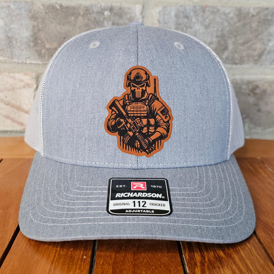 Soldier Skull Leather Patch Trucker Hat, Richardson 112, Patriotic Hat, Military Gift, Dad Gift, Husband Gift, Laser Engraved