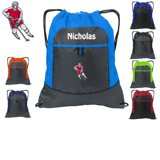 Personalized Kids Cinch Pack Drawstring, Hockey Player Design, Gym School PE Pool Backpack Embroidered Monogrammed Custom Name School Gift