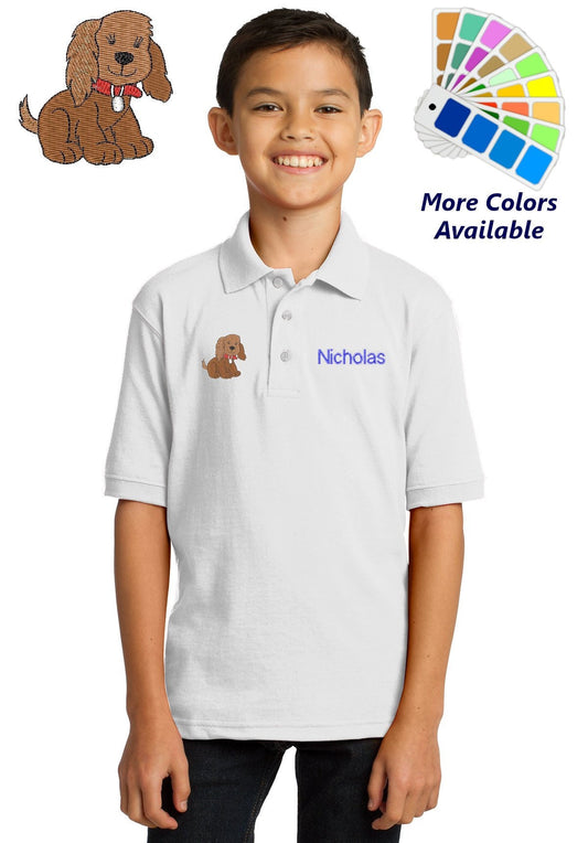 Personalized Kids Polo Shirt Embroidered Brown Puppy Dog Monogrammed with a Name or Text of Your Choice