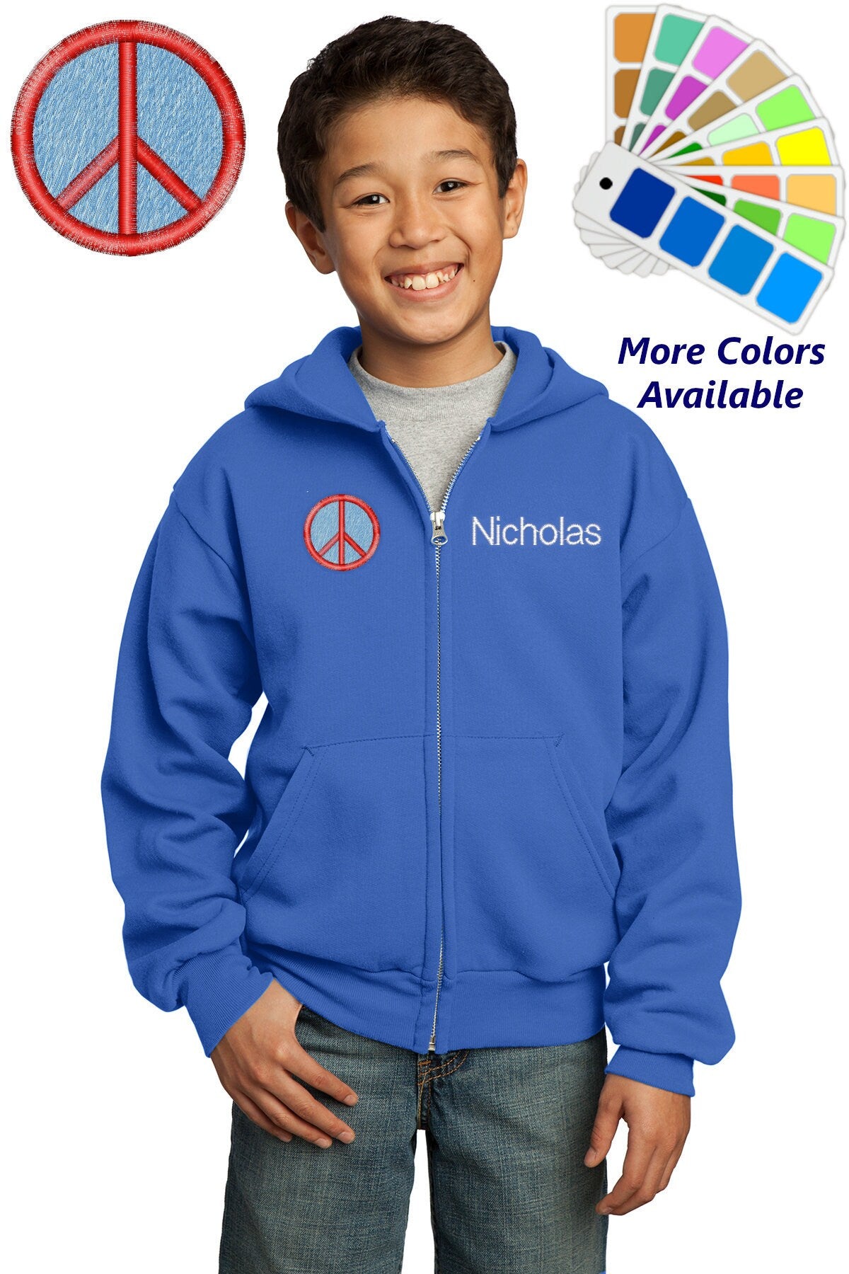 Personalized Kids Hoodie Sweatshirt Zipper Embroidered Peace Sign Design with a Name of Your Choice