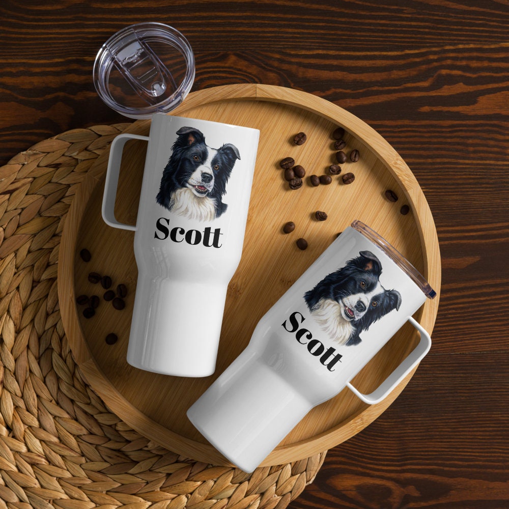 Custom Border Collie Dog Travel Mug Tumbler with Handle, Stainless Steel BPA-free plastic Cup, 25 Ounce Mug, Dad Dog Lover Gift