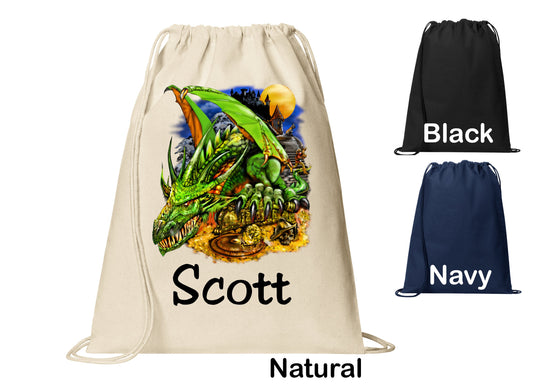 Personalized Green Dragon Castle Fantasy Cinch Pack, Drawstring Gym School Pool Backpack, Printed Monogrammed Custom Name, Perfect Gift