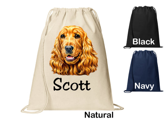 Personalized Cocker Spaniel Dog Cinch Pack, Drawstring Gym School PE Pool Backpack, Printed Monogrammed Custom Name, Perfect Gift