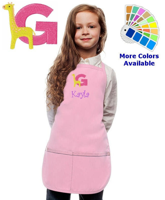 Personalized Kids Apron with Animal Alphabet Letter G Giraffe Embroidery Design, Monogrammed Art Smock, Childrens Apron, Cooking Gift