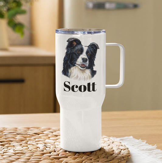 Custom Border Collie Dog Travel Mug Tumbler with Handle, Stainless Steel BPA-free plastic Cup, 25 Ounce Mug, Dad Dog Lover Gift