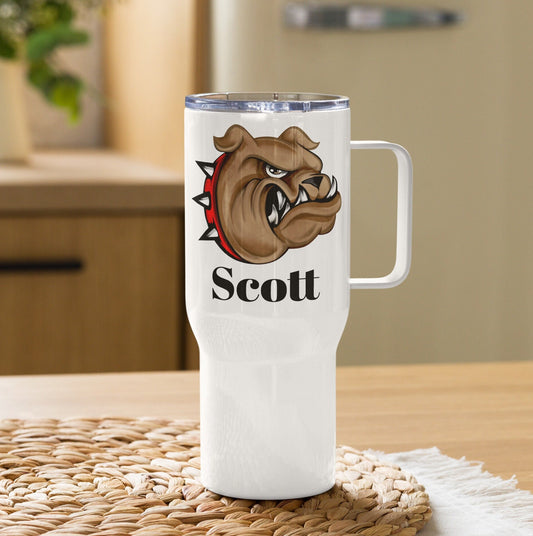 Custom Angry Bulldog Dog Travel Mug Tumbler with Handle, Stainless Steel BPA-free plastic Cup, 25 Ounce Mug, Dad Mom Dog Lover Gift