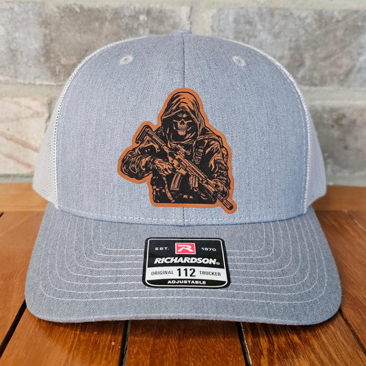 Reaper AR15 Leather Patch Trucker Hat, Richardson 112, Patriotic Hat, Military Gift, Dad Gift, Husband Gift, Laser Engraved