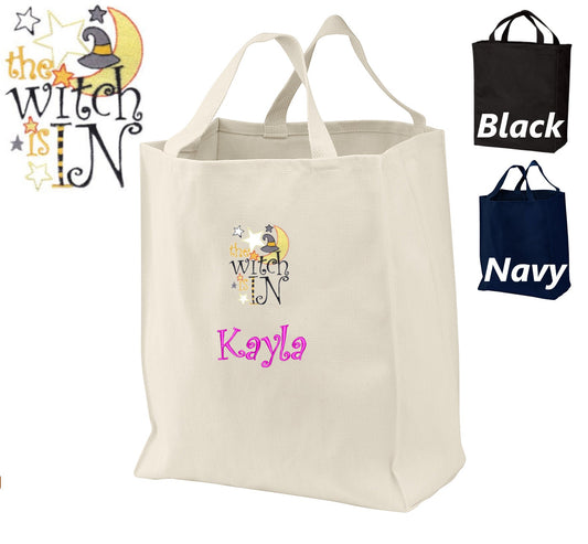 Personalized Halloween Tote Candy Bag, Embroidered Witch Design, Name, Perfect Halloween Gift, Kids Trick or Treat Bag