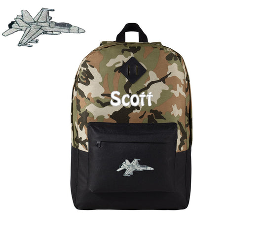 Personalized Camouflage Kids Backpack, Embroidered F18 Hornet Airplane, Military, Monogrammed with Custom Name, Perfect Kids School Gift
