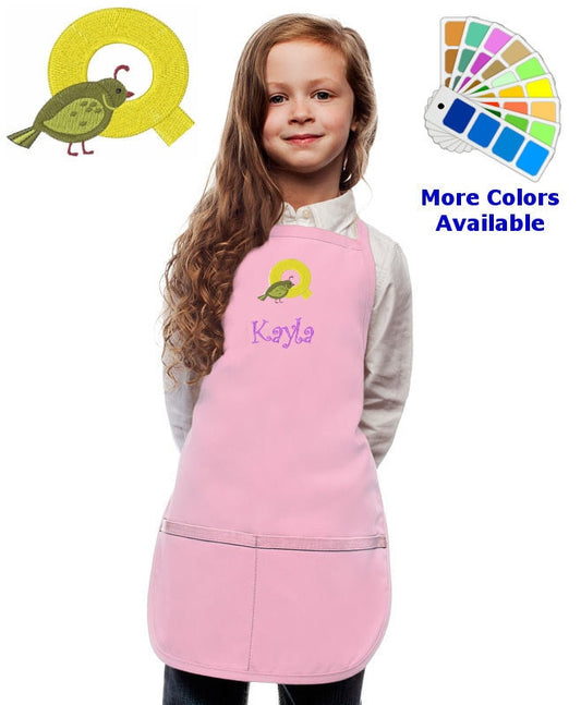 Personalized Kids Apron with Animal Alphabet Letter Q Quail Embroidery Design, Monogrammed Art Smock, Childrens Apron, Cooking Gift