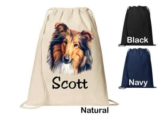 Personalized Collie Sheltie Dog Cinch Pack, Drawstring Gym School PE Pool Backpack, Printed Monogrammed Custom Name, Perfect Gift