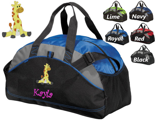 Personalized Kids Duffel Bag Gym School PE Contrast Piping and Stitching Embroidered with Giraffe and Name or Text of Your Choice