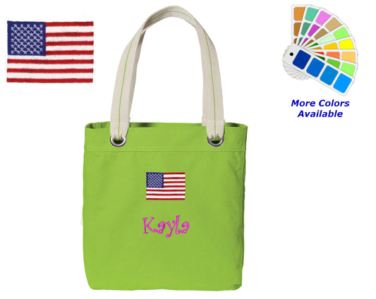 Personalized Canvas Tote Bag American Flag Design Contrast Lined with Metal Grommets Embroidered with Name or Text of Your Choice