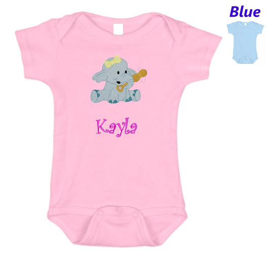 Personalized Baby Onesie Pink Blue Embroidered Baby Elephant Newborn One Piece Body Suit Baby Shower Gift Monogrammed with Your Baby's Name