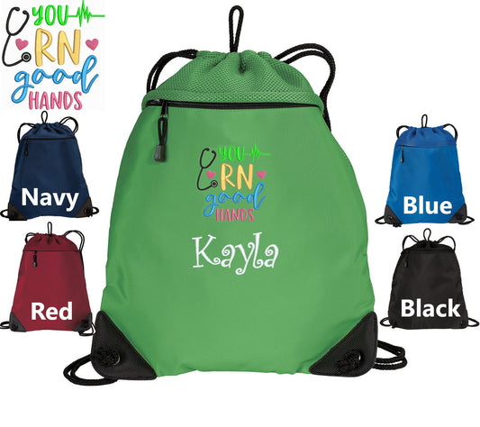 Personalized RN Nurse Cinch Pack, Drawstring Gym School PE, Pool Backpack, Embroidered Good Hands, Monogrammed Custom Name, Nurse Gift