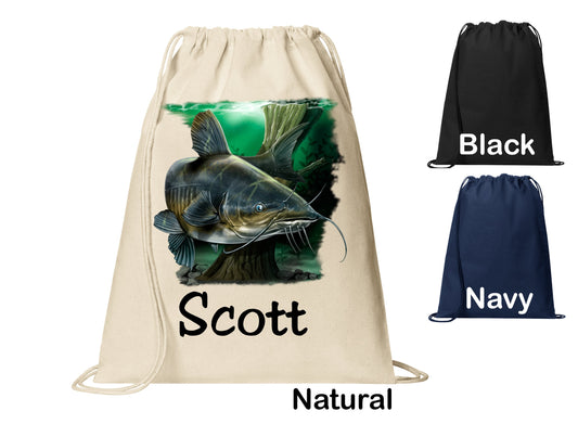 Personalized Catfish Swim Fish Fishing Cinch Pack, Drawstring Gym School PE Pool Backpack, Printed Monogrammed Custom Name, Perfect Gift