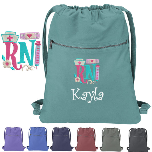 Personalized RN Nurse Cinch Pack Gift, Embroidered Colorful Hat Flower Design, Drawstring School, Pool Backpack, Custom Name