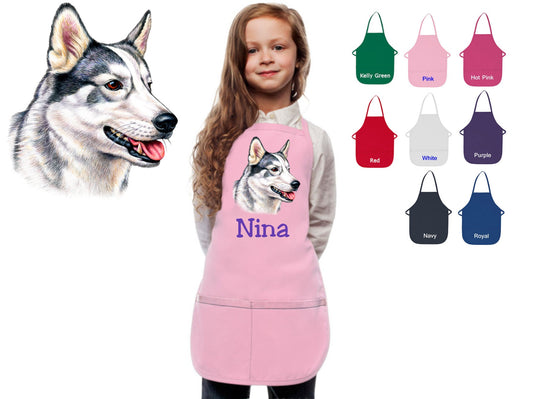 Personalized Kids Apron Huskie Dog Design, Monogrammed Chef Gift, Chef Gift, Cooking Party, Art Party, School Apron, Printed Apron