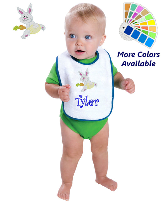 Personalized Baby Bib White Cotton Terry with Contrast Trim Baby Bunny Design for Boy or Girl Embroidered Name