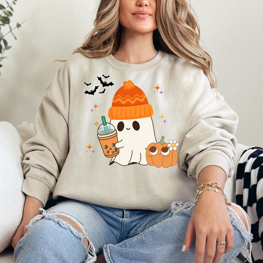Halloween Ghost Sweatshirt, Cute Ghost Coffee Pumpkin Sweats, Womens Halloween Sweatshirt, Cute Retro Fall Sweats, Spooky Season, Fall Gift