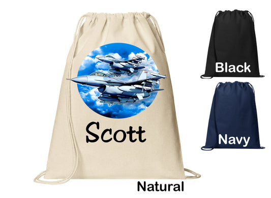 Personalized F16 Air Force Fighter Jet Plane Cinch Pack, Drawstring Gym School Pool Backpack, Printed Monogrammed Custom Name, Perfect Gift