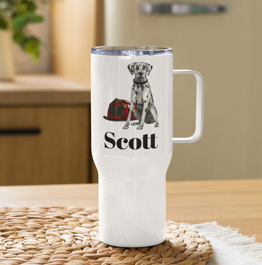 Custom Firefighter Dalmatian Dog Travel Mug Tumbler with Handle, Stainless Steel BPA-free Cup, 25 Ounce Mug, Dad Mom Dog Lover Gift
