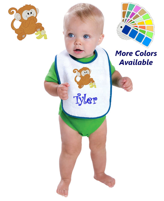 Personalized Baby Bib White Cotton Terry with Contrast Trim Baby Monkey Banana Design for Boy or Girl Embroidered Name