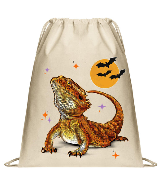 Halloween Bearded Dragon Cinch Pack, Drawstring Reptile Lover Backpack, Retro Bag, Printed Dragon with Bats, Perfect Fall Gift, Funny Gift