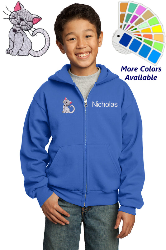 Personalized Kids Hoodie Sweatshirt Zipper Embroidered Kitty Cat Design with a Name of Your Choice