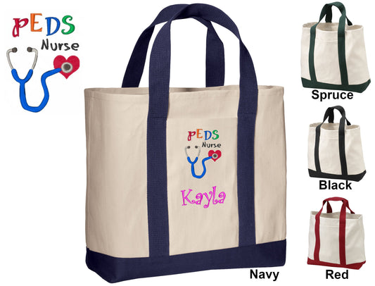 Personalized Pediatric Nurse Tote Bag, Embroidered Name, Healthcare Worker Kids Peds Gift, Sturdy Cotton Fabric