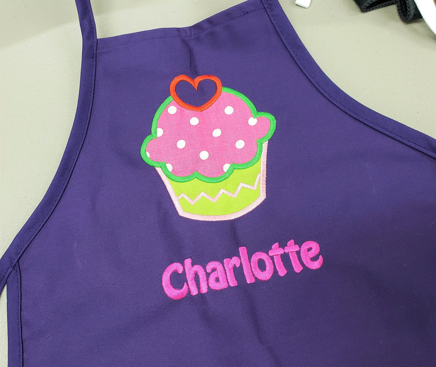 Personalized Kids Apron, Custom Embroidered Cupcake Applique, Monogrammed, Art Gift, Chef Gift, Cooking Party, Art Party, School Aprons