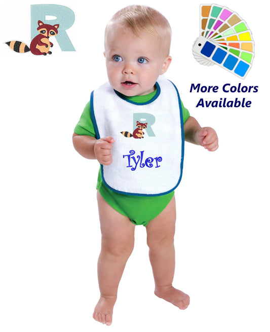 Personalized Baby Bib, White Cotton Terry with Contrast Trim, Letter R, Alphabet, Raccoon Design, for Boy or Girl, Embroidered Name
