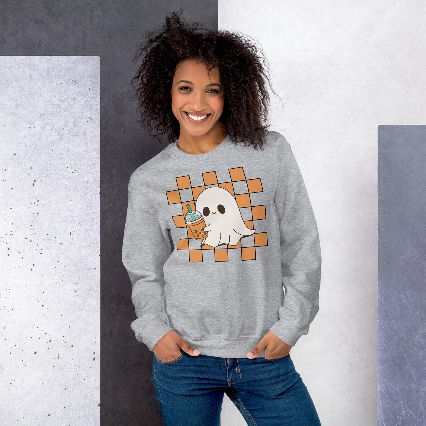Halloween Ghost Sweatshirt, Cute Ghost Checker Coffee Sweats, Womens Halloween Sweatshirt, Cute Retro Fall Sweats, Spooky Season, Fall Gift