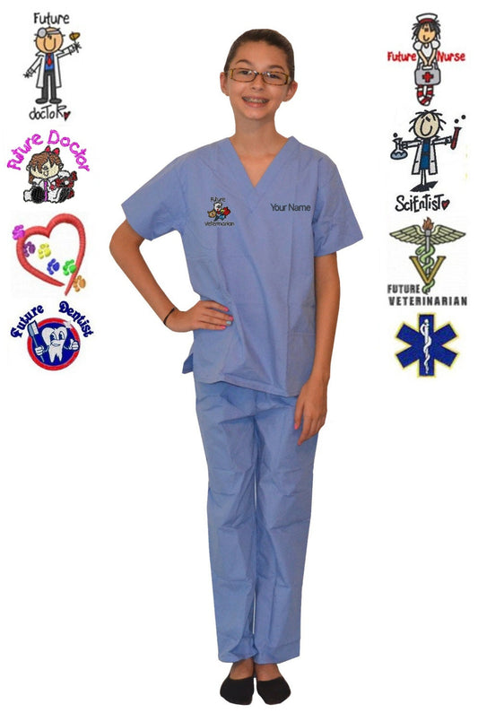 Embroidered Personalized Ceil Blue Kids Scrubs for little Doctors and Nurses