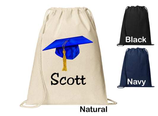 Personalized Graduation Cap Hat Design Cinch Pack, Drawstring Gym School Pool Backpack, Printed Monogrammed Custom Name, Perfect Grad Gift