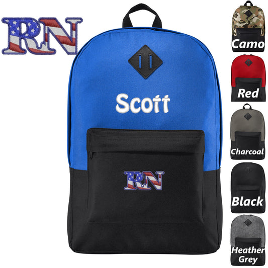 Personalized Nurse Backpack, RN Flag Design, Custom Bookbag, Backpack with Zipper, Embroidered Monogrammed Custom Name, Nurse Medical Gift