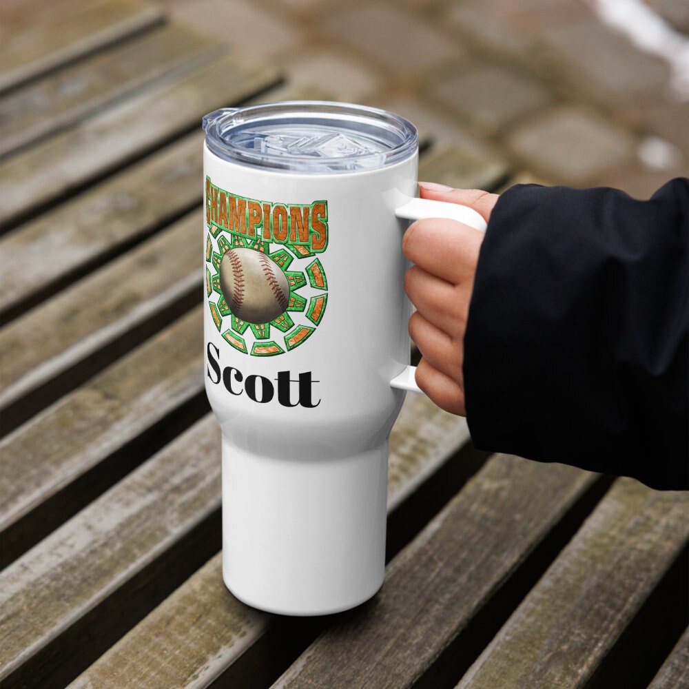Custom Baseball Champions Tumbler with Handle, Stainless Steel Travel Mug BPA-free plastic Cup, 25 Ounce Mug, Sports Gift, Dad Gift