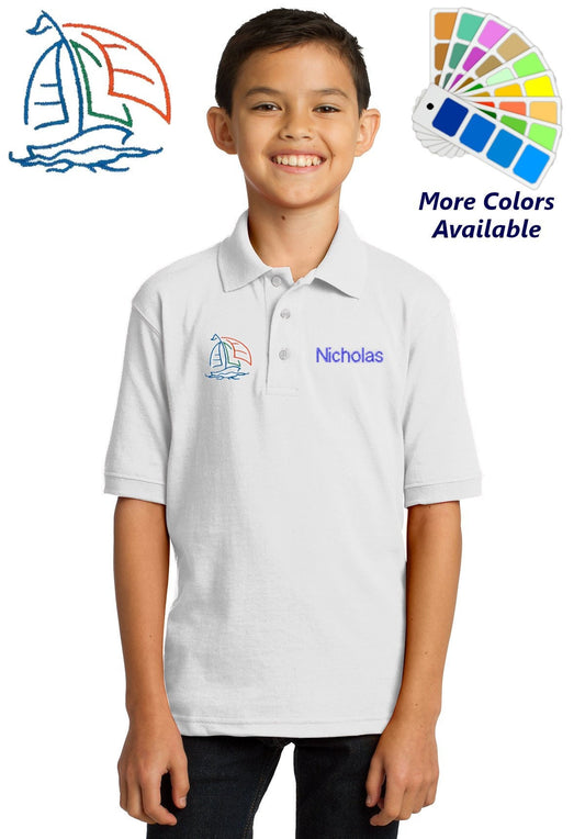 Personalized Kids Polo Shirt Embroidered Sailboat Monogrammed with a Name or Text of Your Choice