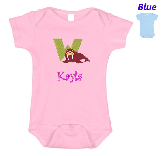 Personalized Baby Onesie Pink Blue Embroidered Letter W Walrus Newborn One Piece Body Suit Baby Shower Gift Monogrammed Your Baby's Name