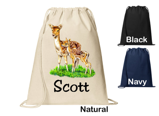 Personalized Deer Fawn Cinch Pack, Drawstring Gym School PE Pool Backpack, Printed Monogrammed Custom Name, Perfect Gift