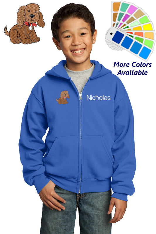 Personalized Kids Hoodie Sweatshirt Zipper Embroidered Puppy Dog Design with a Name of Your Choice